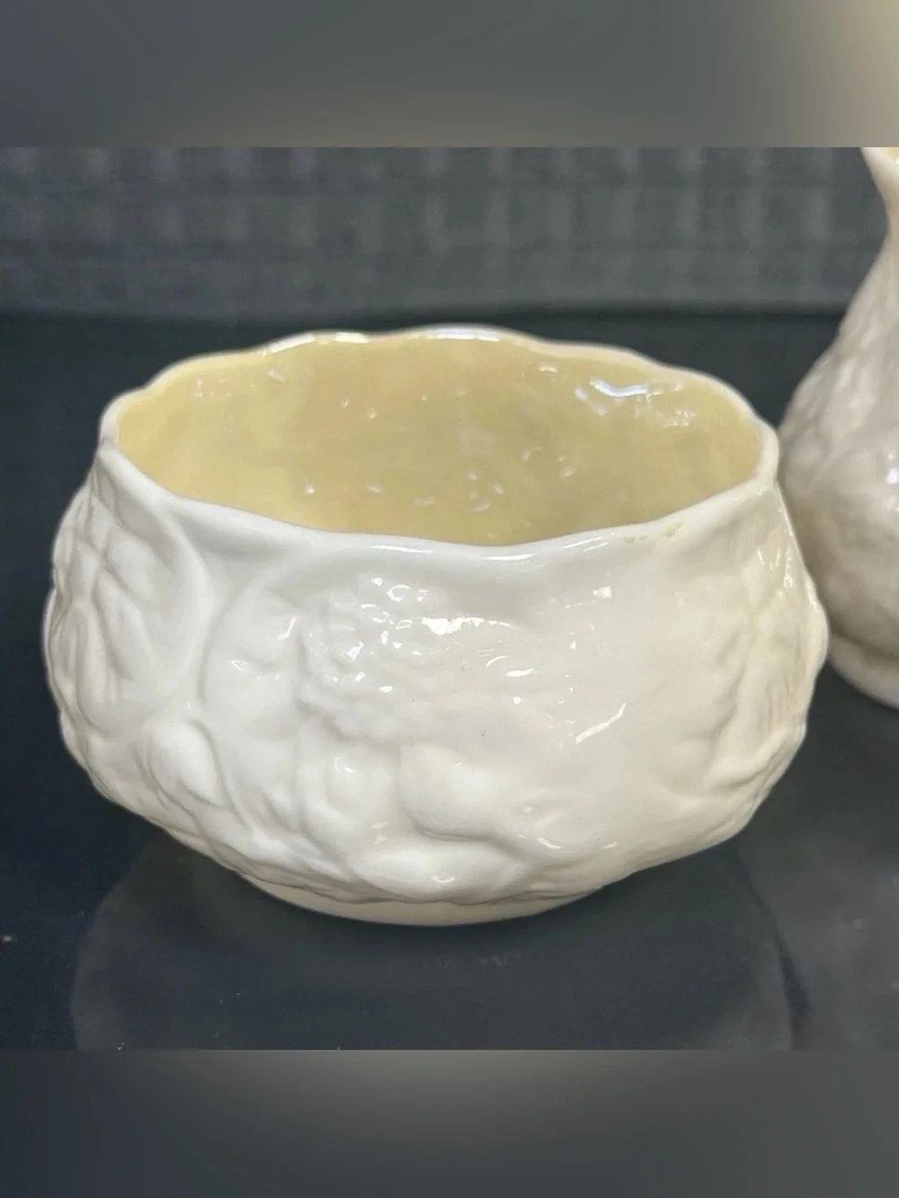 MCM Belleek White Lotus China Creamer 8 Sugar Set Glossy Model 0857 Green Mark